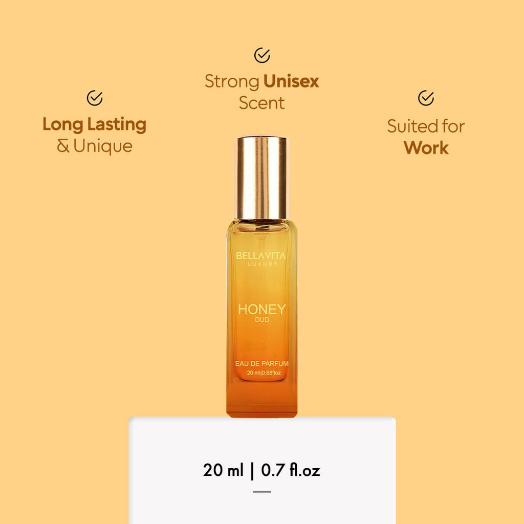 Bellavita Luxury Honey oud Eau de Parfum | 20 ml (0.7 fl.oz.) | Travel Size Perfume for Men and Women | Sweet Honey, Bergamot, Oud, and Amber Notes | Long Lasting Unisex Fragrance
