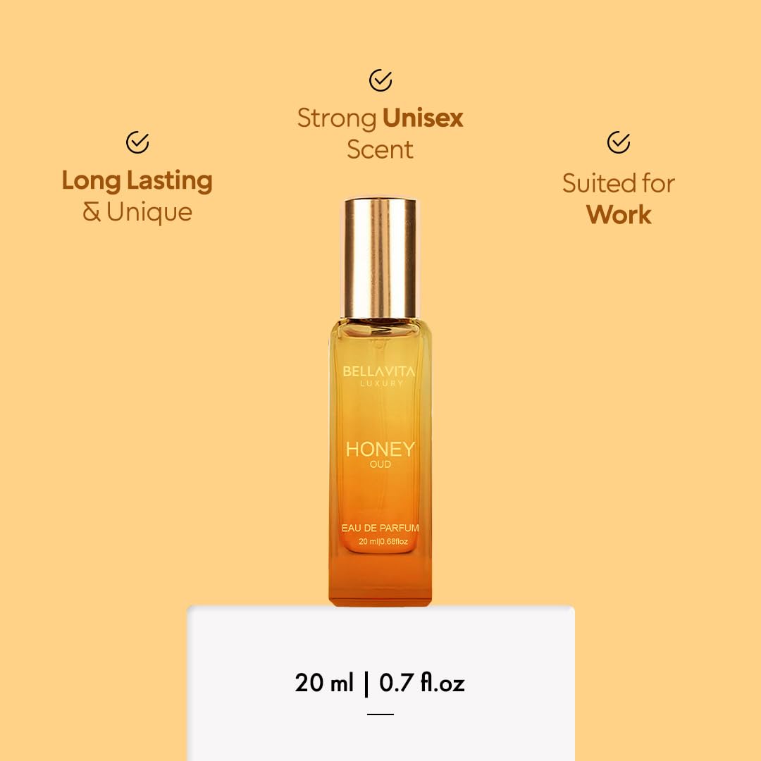 Bellavita Luxury Honey oud Eau de Parfum | 20 ml (0.7 fl.oz.) | Travel Size Perfume for Men and Women | Sweet Honey, Bergamot, Oud, and Amber Notes | Long Lasting Unisex Fragrance