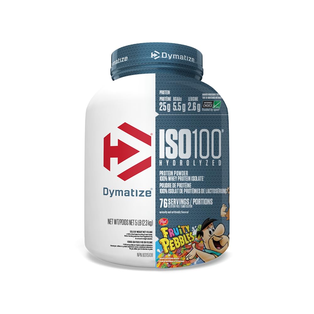 Dymatize ISO100 Hydrolyzed Fruity Pebbles Protein Powder Bundle, 25g Protein, 5.5g BCAAs, 5 Pound + 20 Servings