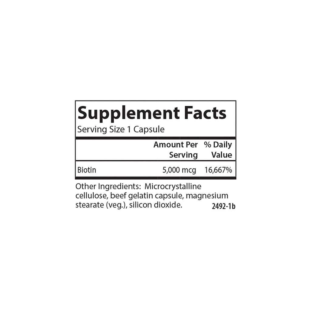 Carlson Biotin, 5000 mcg, Healthy Hair, Strong Nails, 100 Capsules