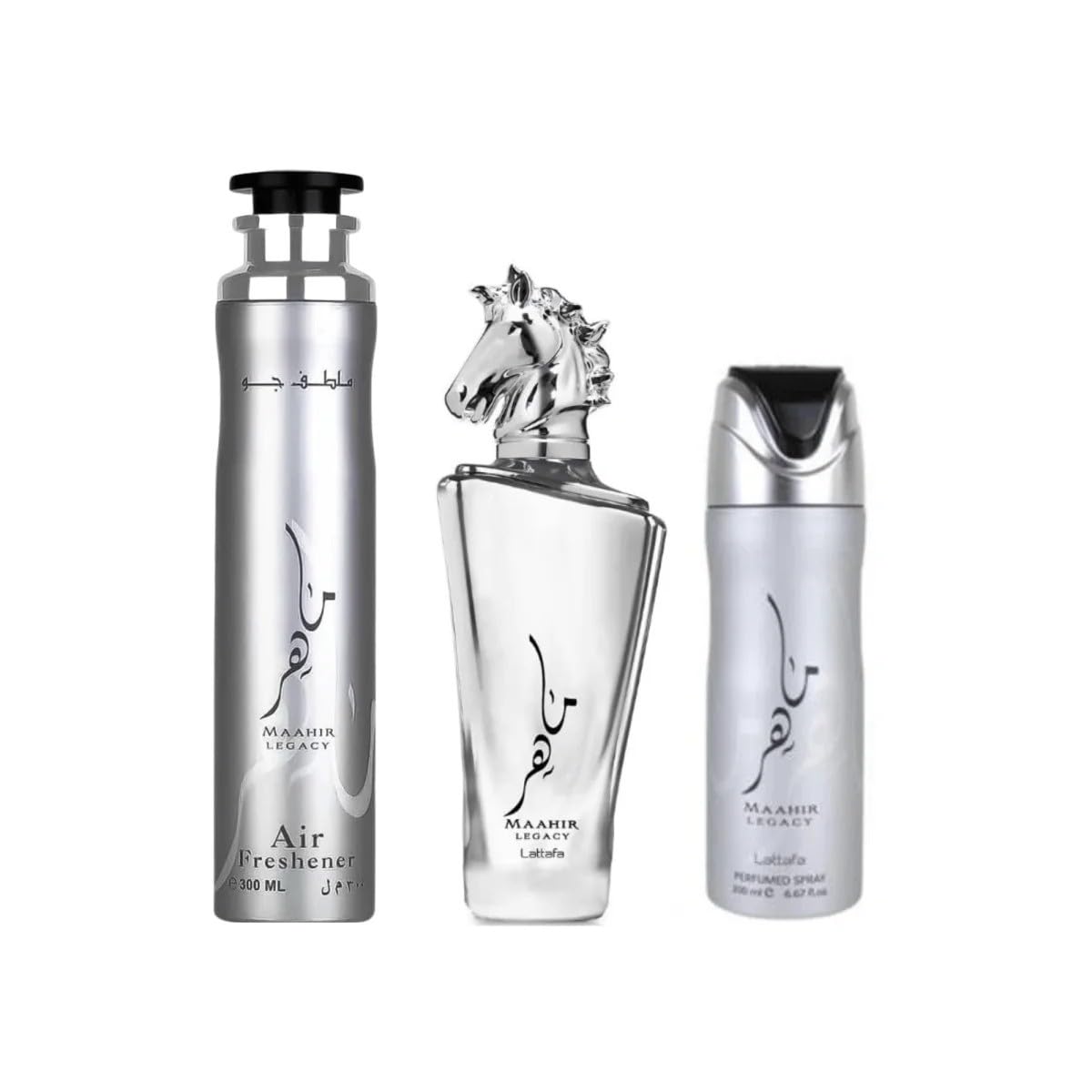 Lattafa Maahir Legacy for Men 3 Piece Gift Set (3.4 Fl Oz EDP + 6.67 Fl Oz Deo + 10.14 Fl Oz Air Freshener)