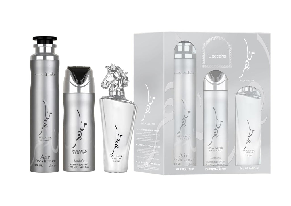 Lattafa Maahir Legacy for Men 3 Piece Gift Set (3.4 Fl Oz EDP + 6.67 Fl Oz Deo + 10.14 Fl Oz Air Freshener)