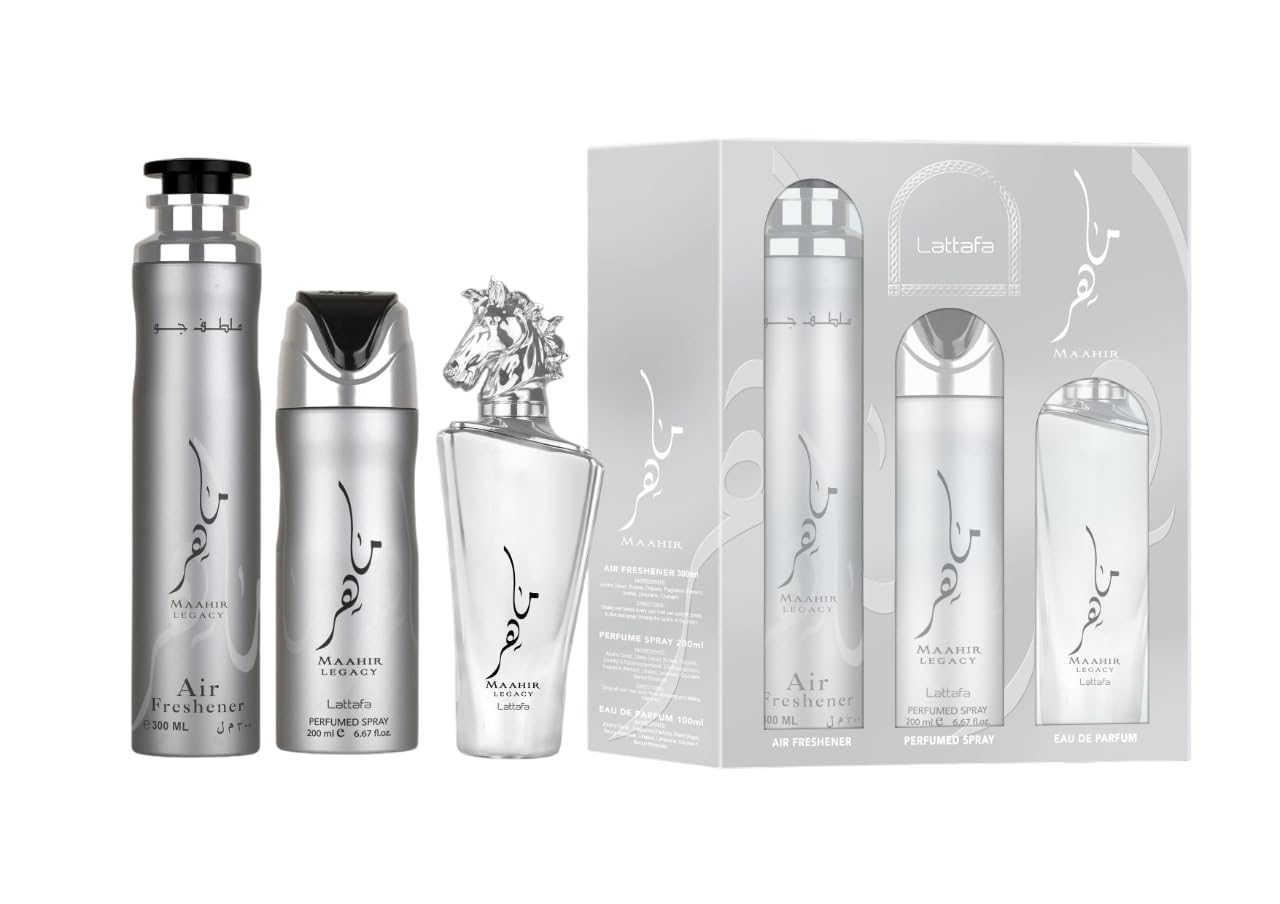 Lattafa Maahir Legacy for Men 3 Piece Gift Set (3.4 Fl Oz EDP + 6.67 Fl Oz Deo + 10.14 Fl Oz Air Freshener)