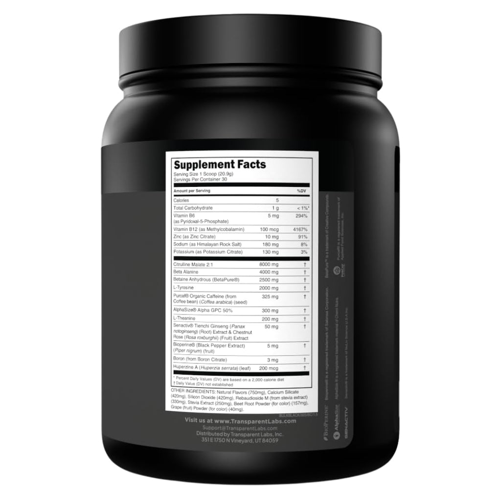 Transparent Labs Bulk Black Pre Workout - Clinically Dosed, Sugar Free Preworkout for Men and Women with Beta Alanine Powder, Citrulline Malate, & Caffeine - 30 Servings, Black Cherry