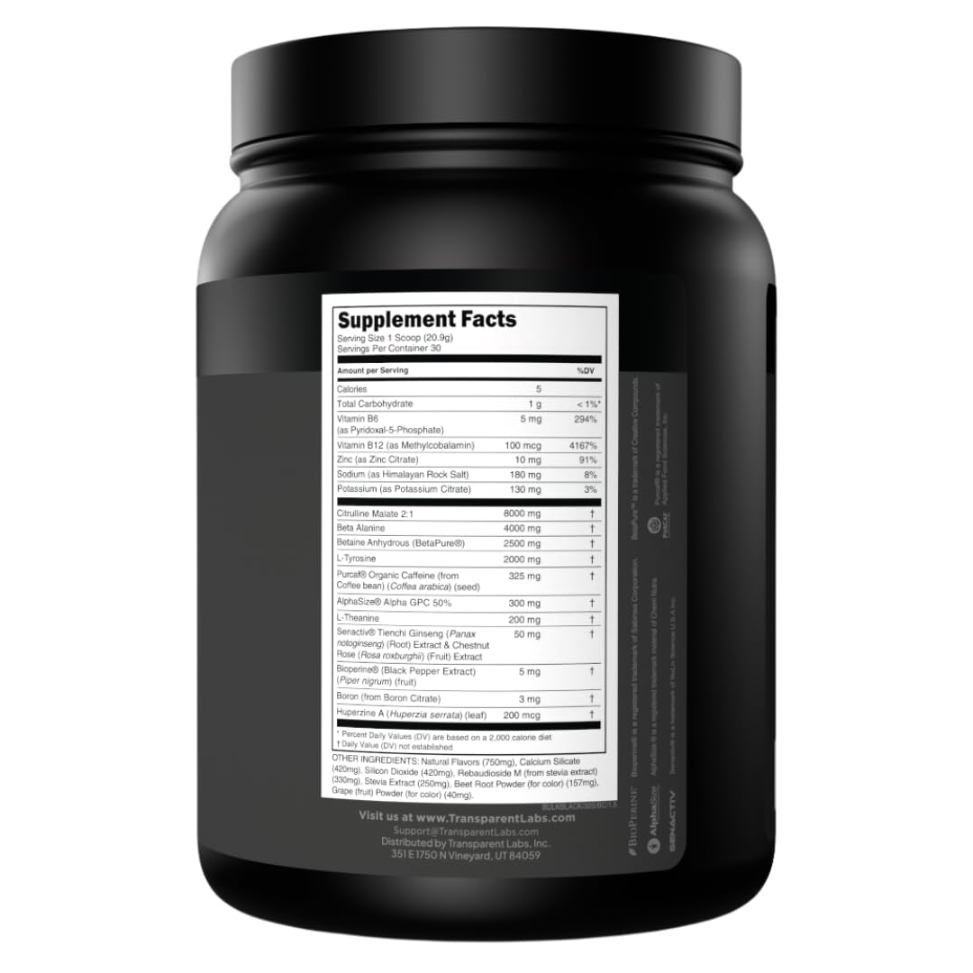 Transparent Labs Bulk Black Pre Workout - Clinically Dosed, Sugar Free Preworkout for Men and Women with Beta Alanine Powder, Citrulline Malate, & Caffeine - 30 Servings, Black Cherry