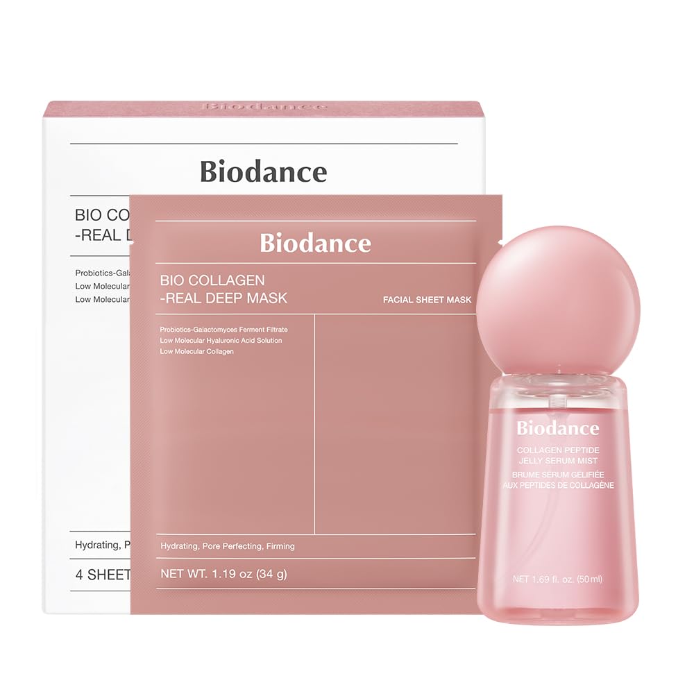 BIODANCE 24/7 Collagen Glow Set: Collagen Peptide Jelly Serum Mist (1.69 fl.oz) & Bio-Collagen Real Deep Mask (4 Sheets), Sprayable Hydrogel & Overnight Hydrating Face Mask for Firming & Plumping