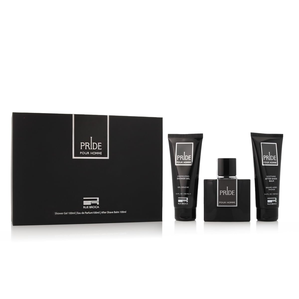 AFNAN Rue Broca Pride Homme 3-Piece Set (Eau de Parfum + Shave Balm + Shower Gel), 3.4 ounce each