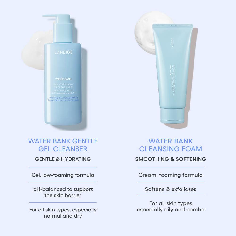 LANEIGE Water Bank Gentle Gel Facial Cleanser: Hydrating, Non-Stripping, pH-Balanced, Barrier-Boosting, & Fragrance Free with Blue Hyaluronic Acid | Korean Skin Care