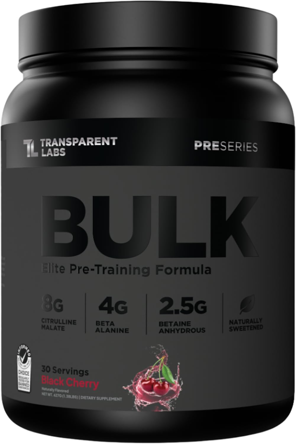 Transparent Labs Bulk Black Pre Workout - Clinically Dosed, Sugar Free Preworkout for Men and Women with Beta Alanine Powder, Citrulline Malate, & Caffeine - 30 Servings, Black Cherry