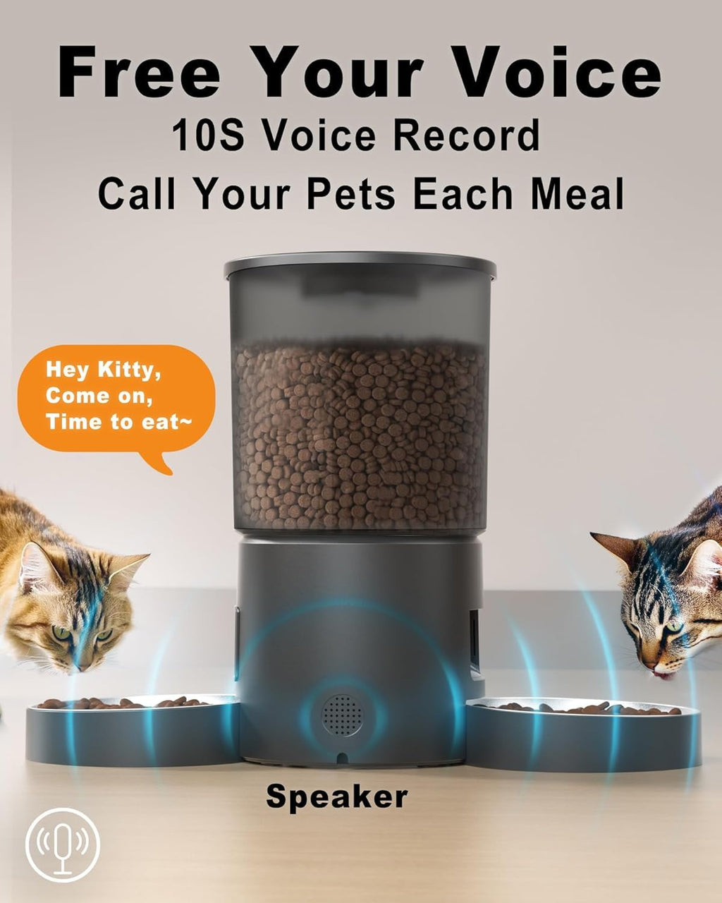Dual Automatic Cat Feeder 2 Cats, 4.2L Dry Food Auto Dispenser with Double Stainless Steel Bowls,Dual Power Supply,Programmable Portion Control,10s Voice Recorder (Transparent Black)