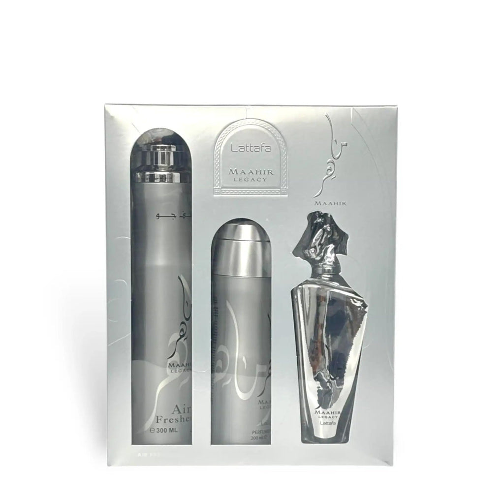 Lattafa Maahir Legacy for Men 3 Piece Gift Set (3.4 Fl Oz EDP + 6.67 Fl Oz Deo + 10.14 Fl Oz Air Freshener)