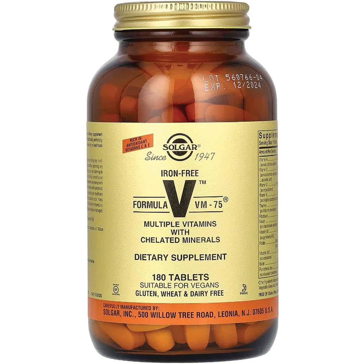 Solgar Iron-Free Formula VM-75, 180 Tablets - Multivitamin with Chelated Minerals - Vitamin A, B6, B12, C, D, E - Biotin, Magnesium, Calcium, Zinc - Vegan, Gluten & Dairy Free, Kosher - 180 Servings