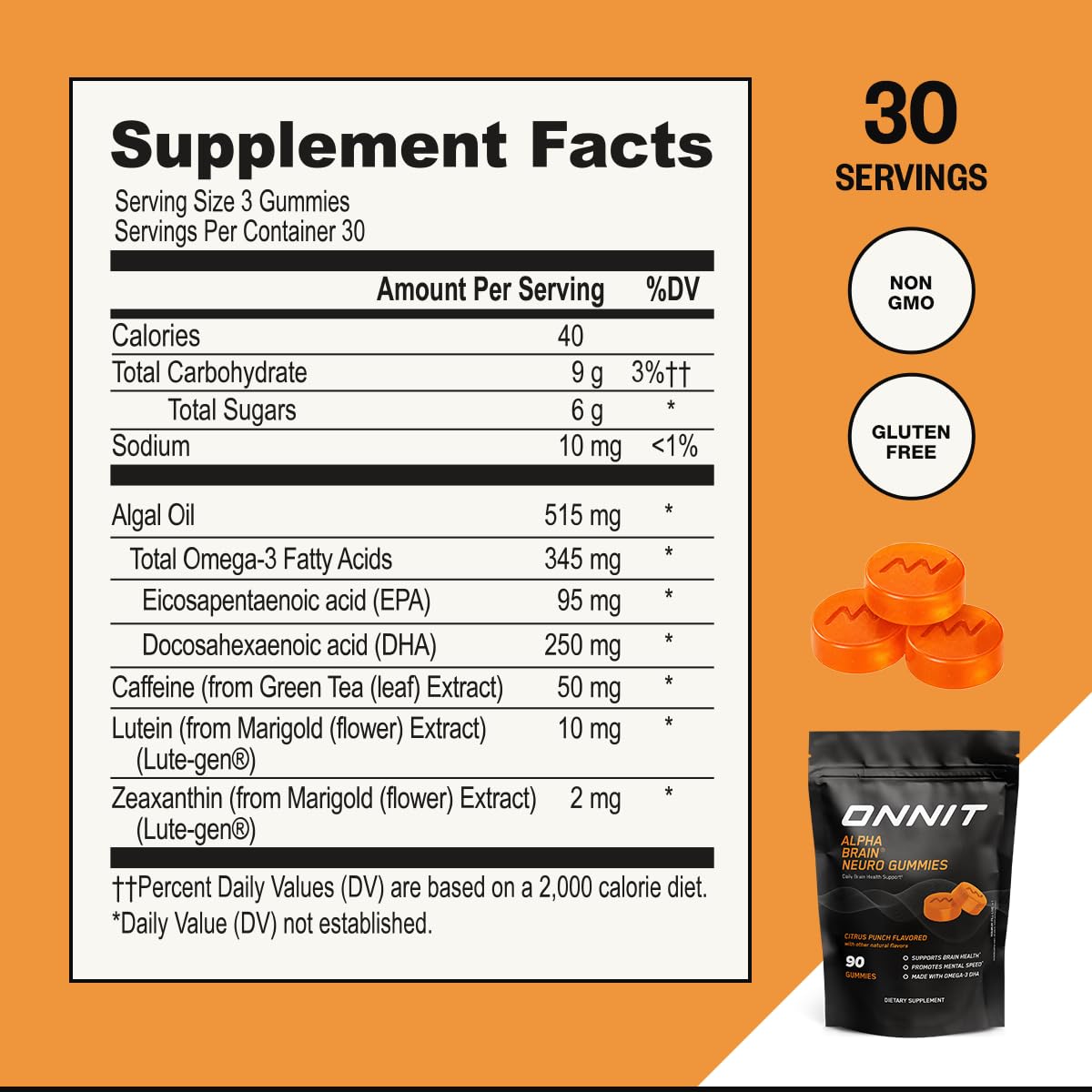 ONNIT Alpha Brain Neuro Focus Gummies, IGEN Non-GMO Tested Vegan Gummies with Omega-3s Lutein Zeaxanthin and Caffeine, Brain Eye and Focus Supplement for Men and Women, Citrus Punch, 90 Count