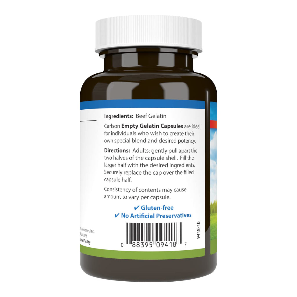 Carlson - Empty Gelatin #1 Capsules, Easy to Separate & Fill, 200 Count (Pack of 1)