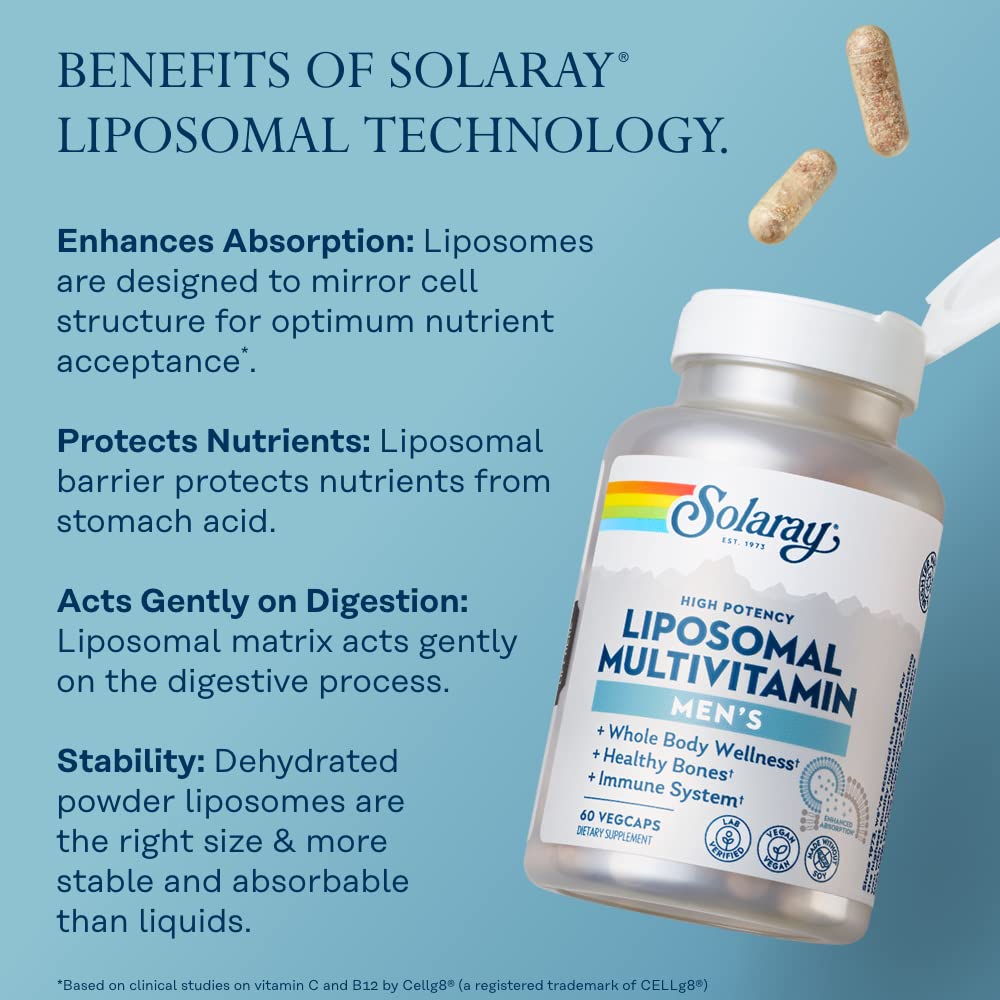 SOLARAY Liposomal Multivitamin for Men, Enhanced Absorption Immune, Energy & Bone Support, Mens Daily Multi Vitamin, BCAAs, Vitamin D3, C, B12, Zinc, Vegan, Soy Free, 30 Serv, 60 VegCaps