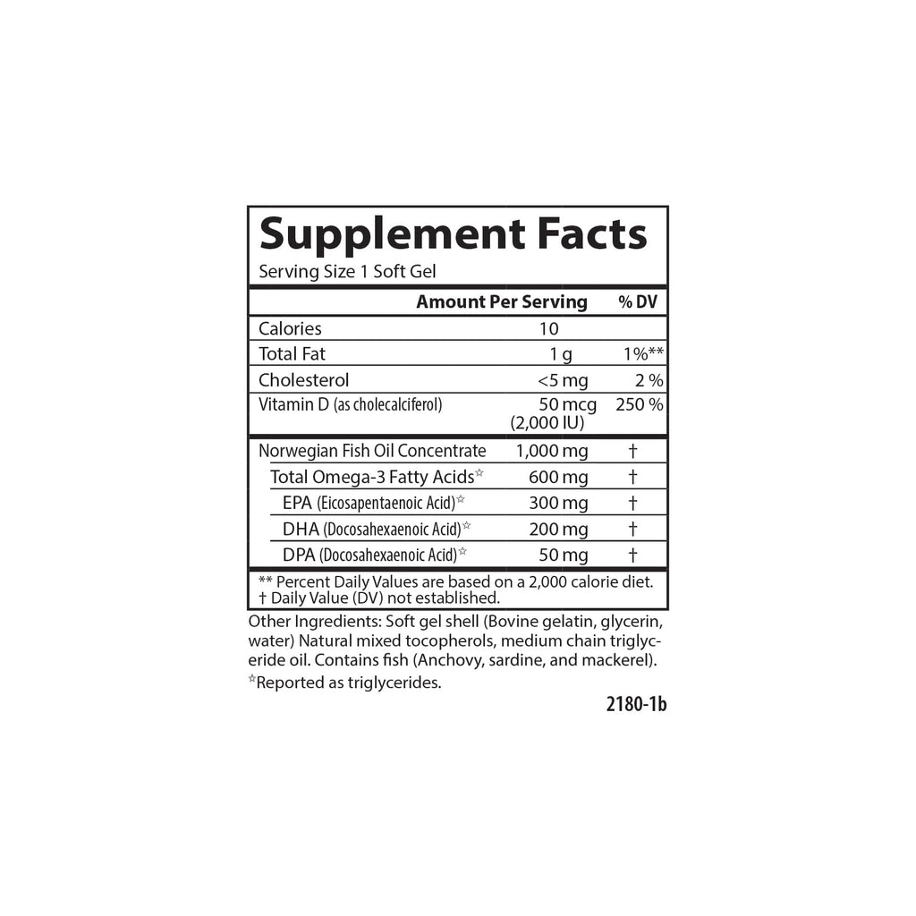 Carlson Omega-3 + D, 600 mg Omega-3s with EPA & DHA + 2,000 IU Vitamin D3, Wild-Caught Fish Oil, Norwegian-Sourced Omega-3 Supplement, Heart, Brain & Bone Support, 50 Soft Gels