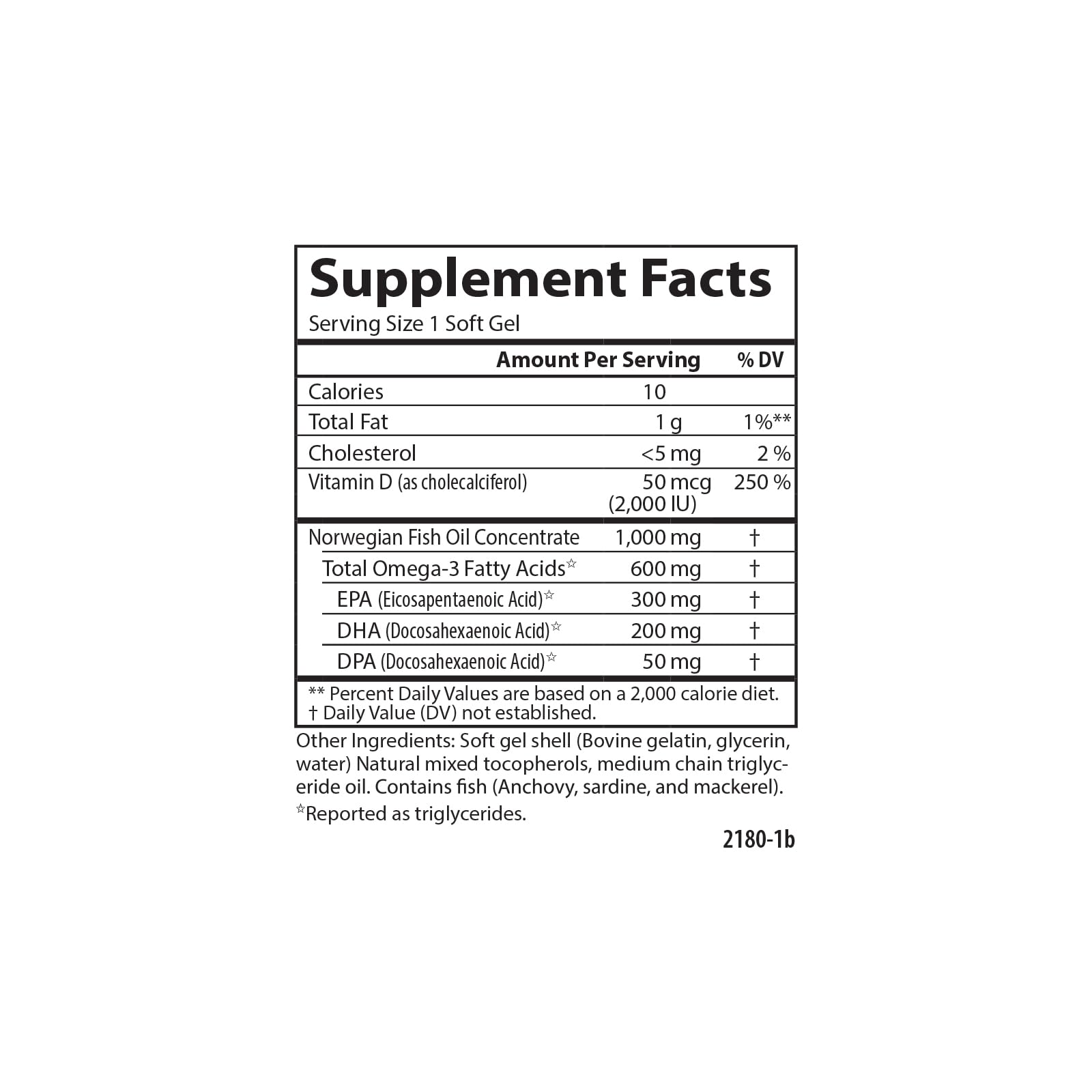 Carlson Omega-3 + D, 600 mg Omega-3s with EPA & DHA + 2,000 IU Vitamin D3, Wild-Caught Fish Oil, Norwegian-Sourced Omega-3 Supplement, Heart, Brain & Bone Support, 50 Soft Gels