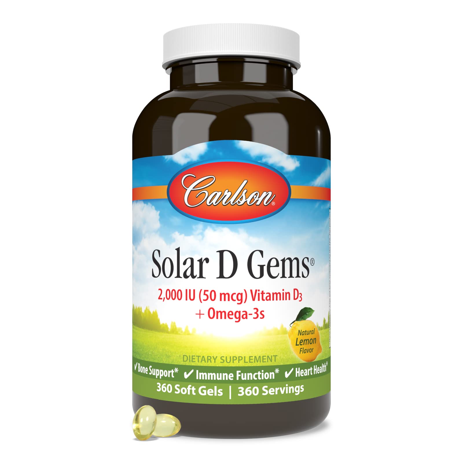 Carlson Solar D Gems, 2000 IU (50 mcg) Vitamin D3, Lemon, 360 Softgels