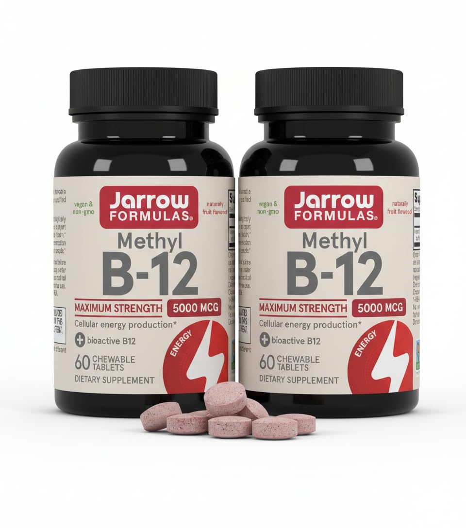 Jarrow Formulas Methyl Vitamin B12 5000 mcg - 60 Chewable Tablets, Naturally Fruit Flavored- B12 Vitamin, Brain Health & Metabolism - 60 Servings (Pack of 2)