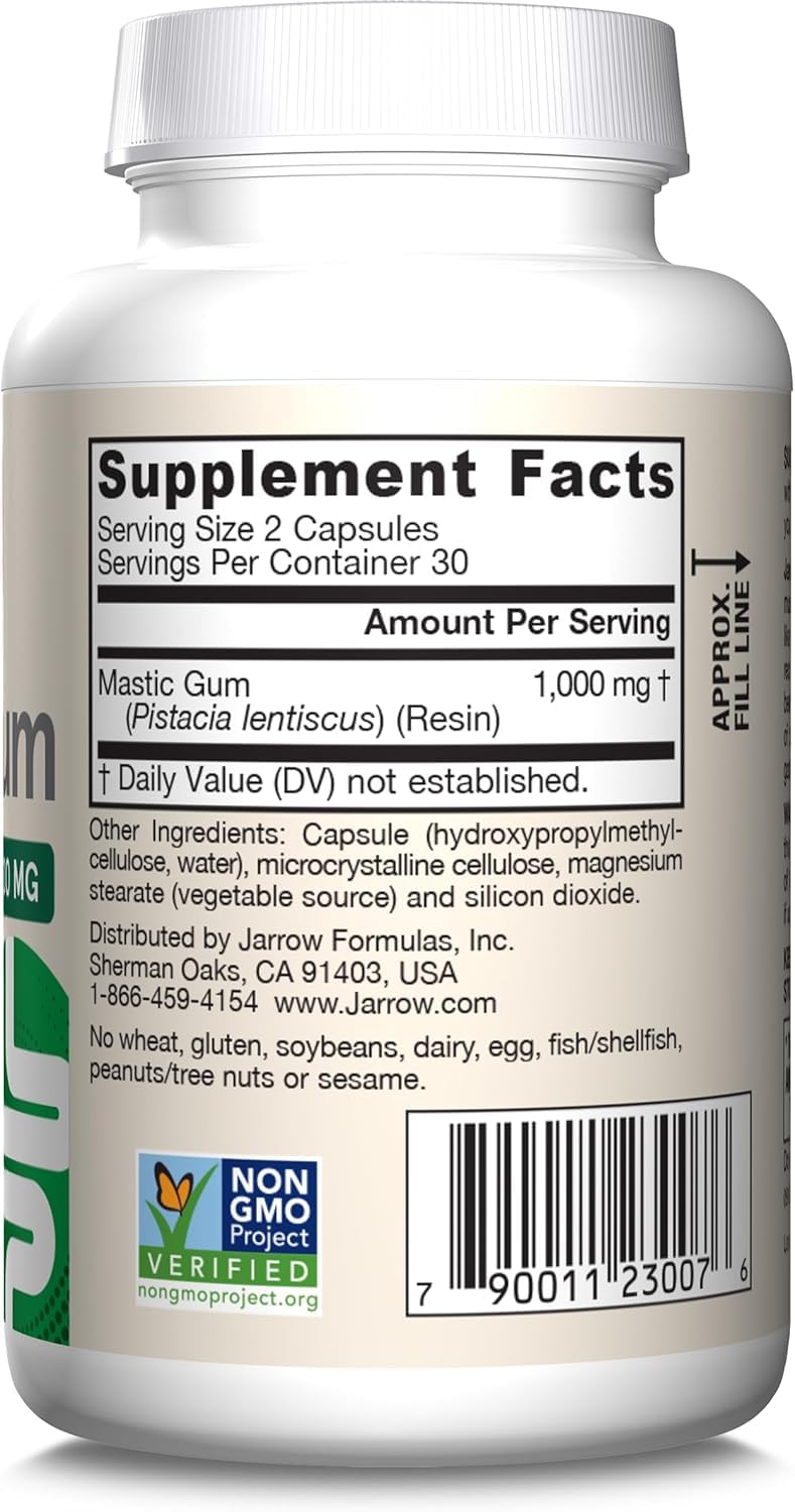 Jarrow Formulas Mastic Gum 1000 mg - 60 Veggie Caps - Mastic Gum Capsules Supporting Stomach and Duodenal Health - 30 Servings (Pack of 2)