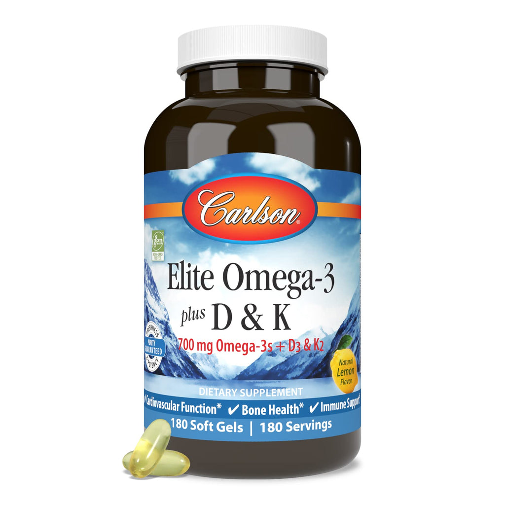 Carlson Elite Omega-3 Plus D & K, 700 mg, Omega-3s, Lemon, 180 Softgels