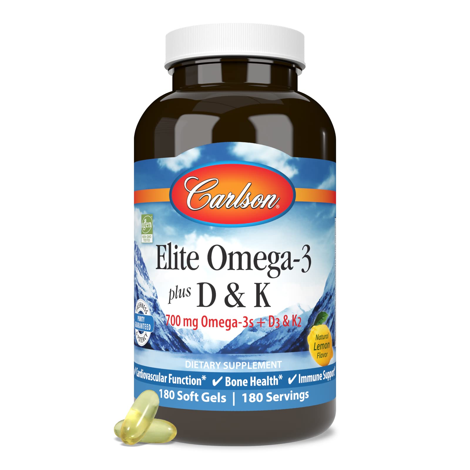 Carlson Elite Omega-3 Plus D & K, 700 mg, Omega-3s, Lemon, 180 Softgels