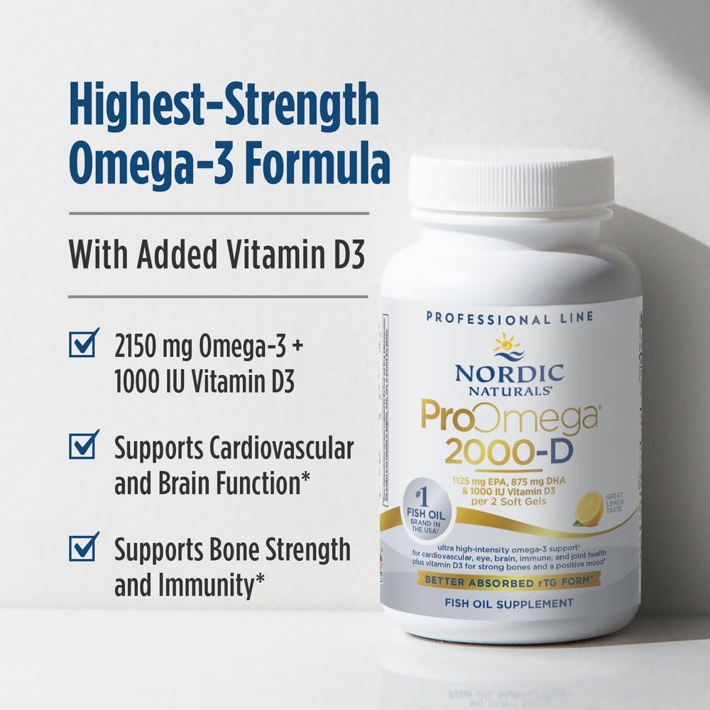 Nordic Naturals ProOmega 2000-D, Lemon Flavor - 120 Soft Gels - 2150 mg Omega-3 + 1000 IU D3 - Ultra High-Potency Fish Oil - EPA & DHA - Brain, Heart, & Immune Health - Non-GMO - 60 Servings