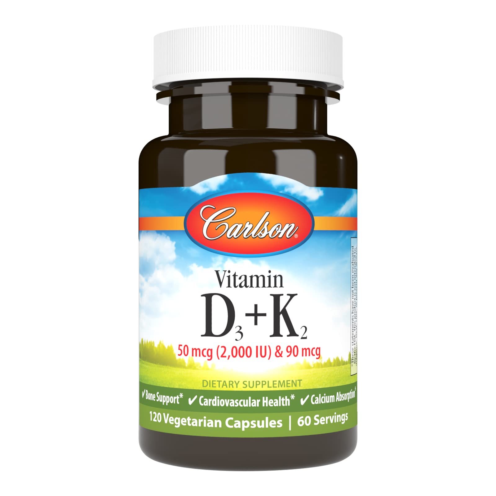Carlson Vitamin D3 + K2, 50 mcg (2000 IU), Bone Support, 120 Capsules