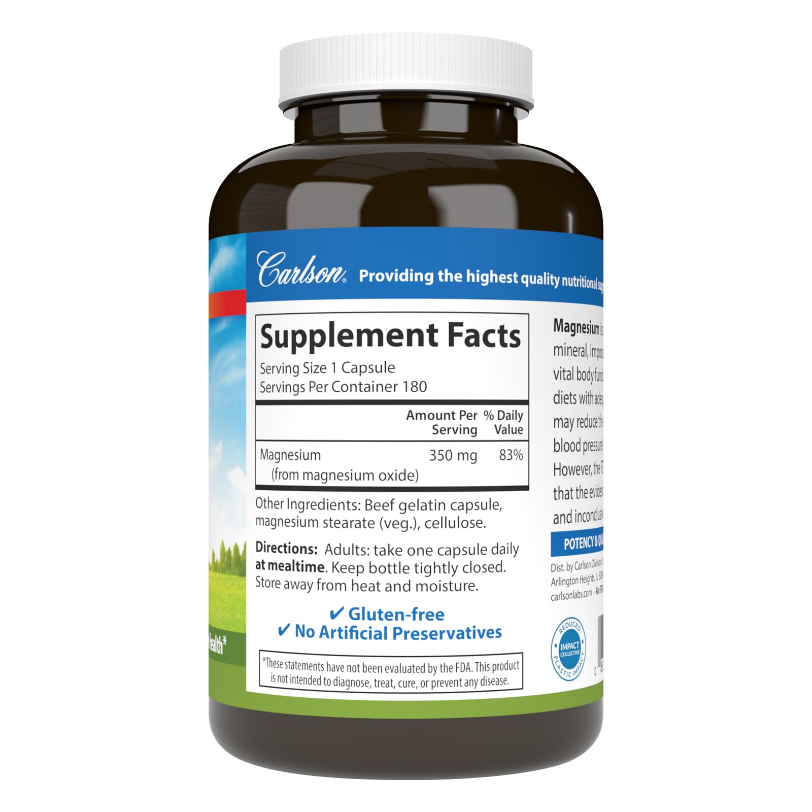 Carlson Magnesium, 350 mg, Circulation Support, Nerve Health, 180 Capsules