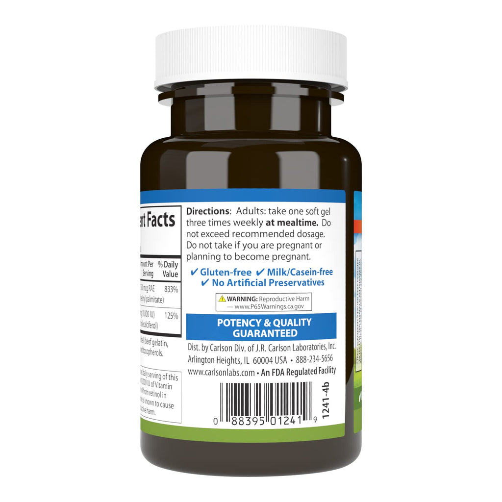 Carlson A & D, 25000 IU (7500 mcg RAE), Vitamin A, 100 Softgels