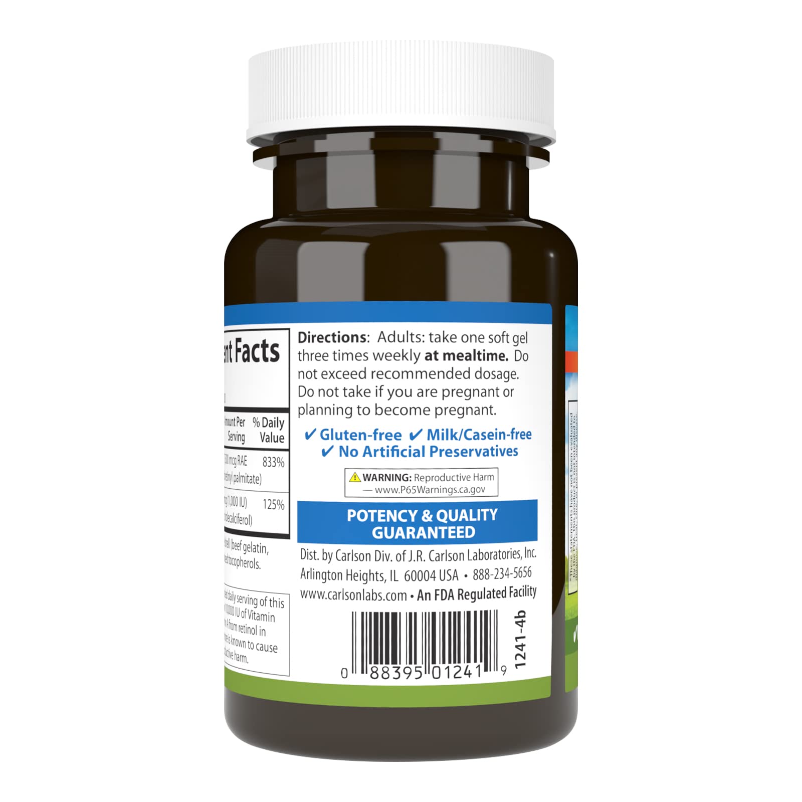 Carlson A & D, 25000 IU (7500 mcg RAE), Vitamin A, 100 Softgels