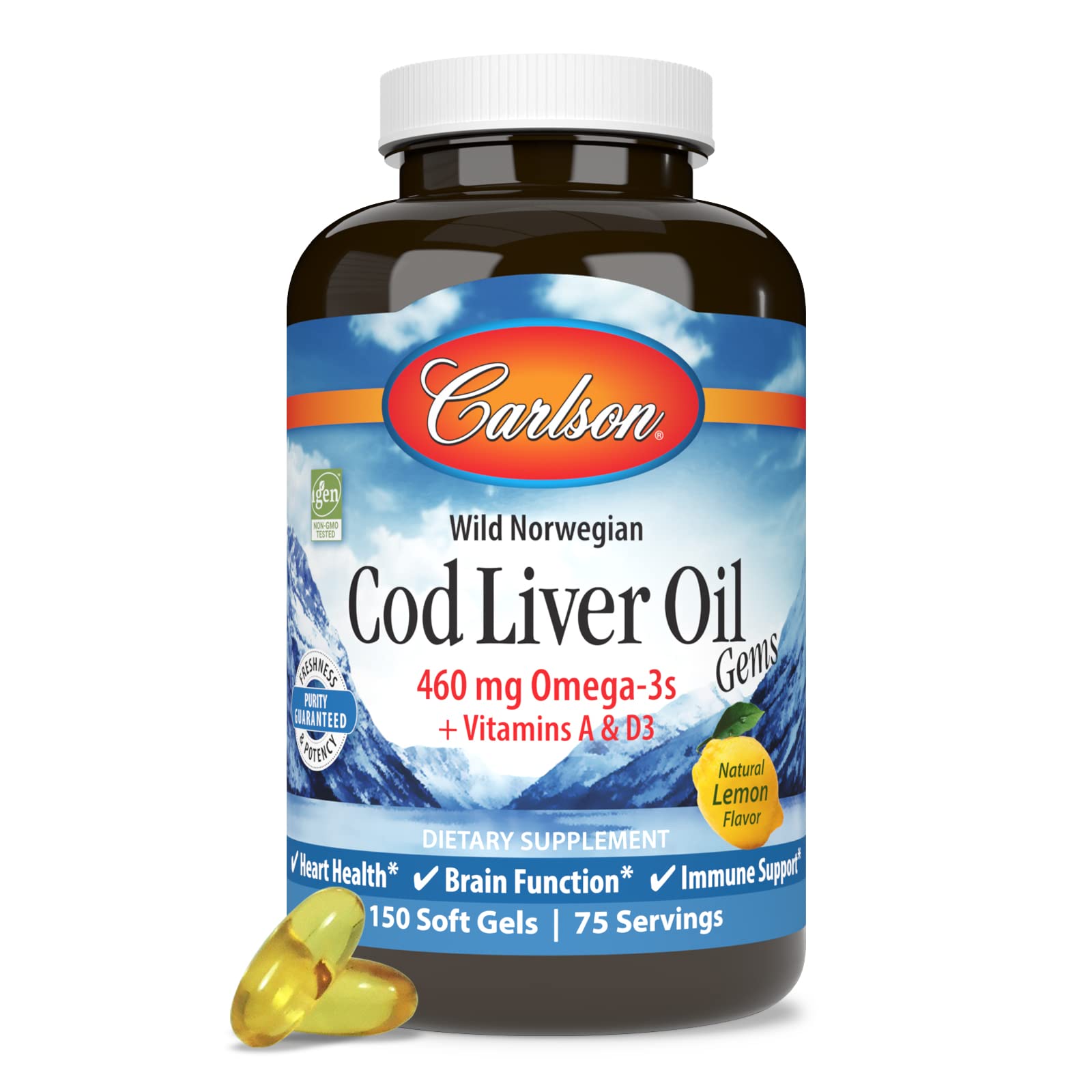 Carlson Cod Liver Oil Gems, 460 mg, Omega-3s, Lemon, 150 Softgels