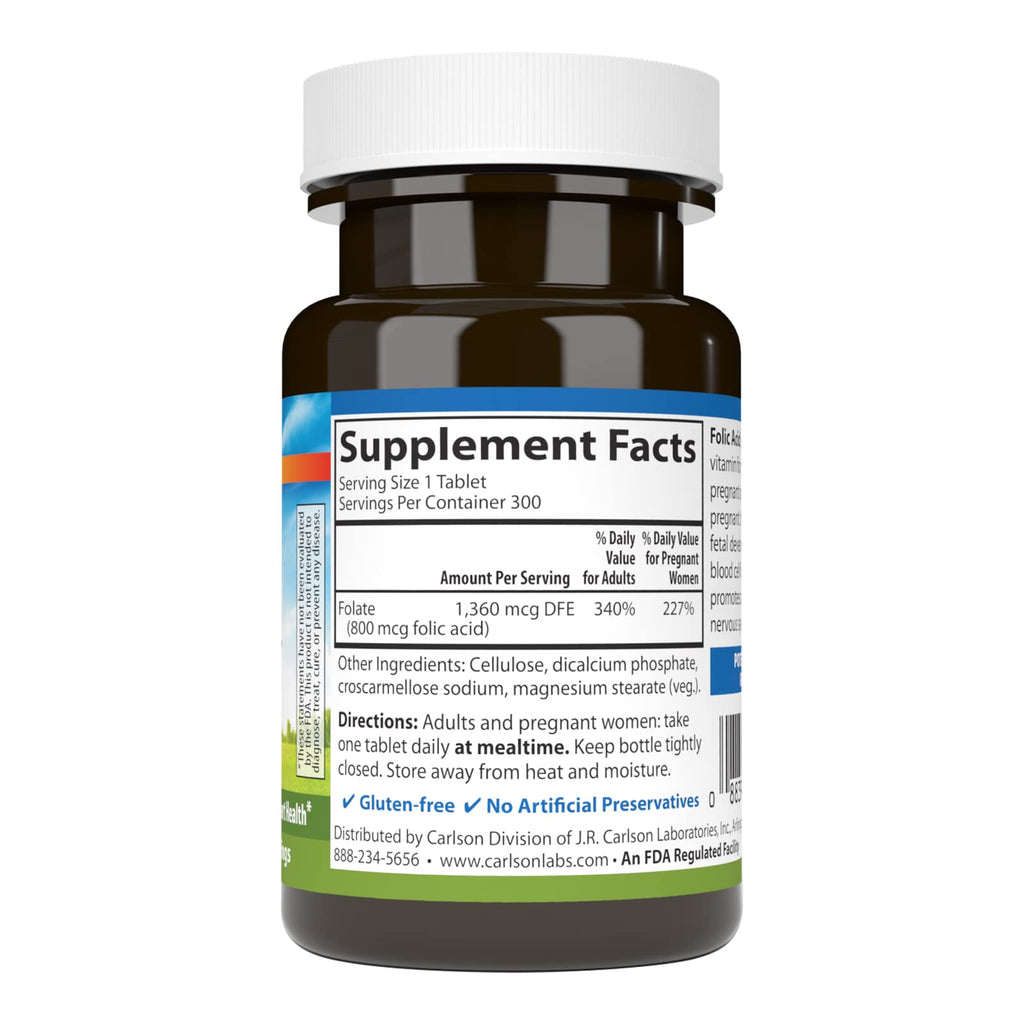 Carlson Folic Acid, 800 mcg, Prenatal Support, 300 Tablets
