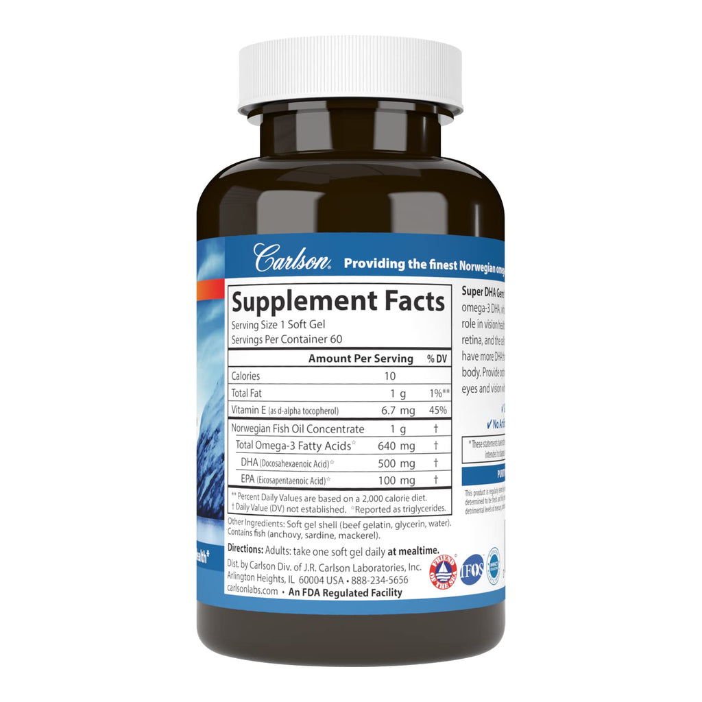 Carlson Super DHA Gems, 500 mg, DHA Supplements, 60 Softgels
