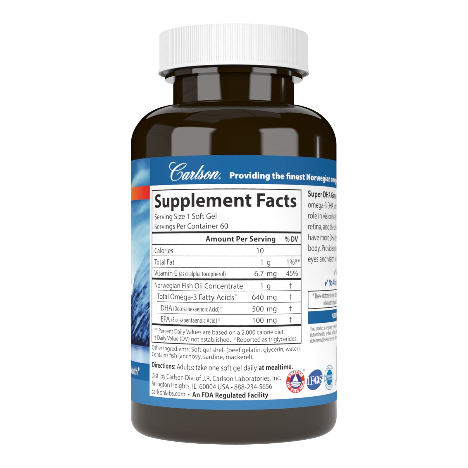 Carlson Super DHA Gems, 500 mg, DHA Supplements, 60 Softgels