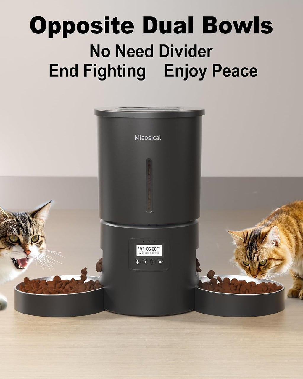 Dual Automatic Cat Feeder 2 Cats, 4.2L Dry Food Auto Dispenser with Double Stainless Steel Bowls,Dual Power Supply,Programmable Portion Control,10s Voice Recorder(Black)