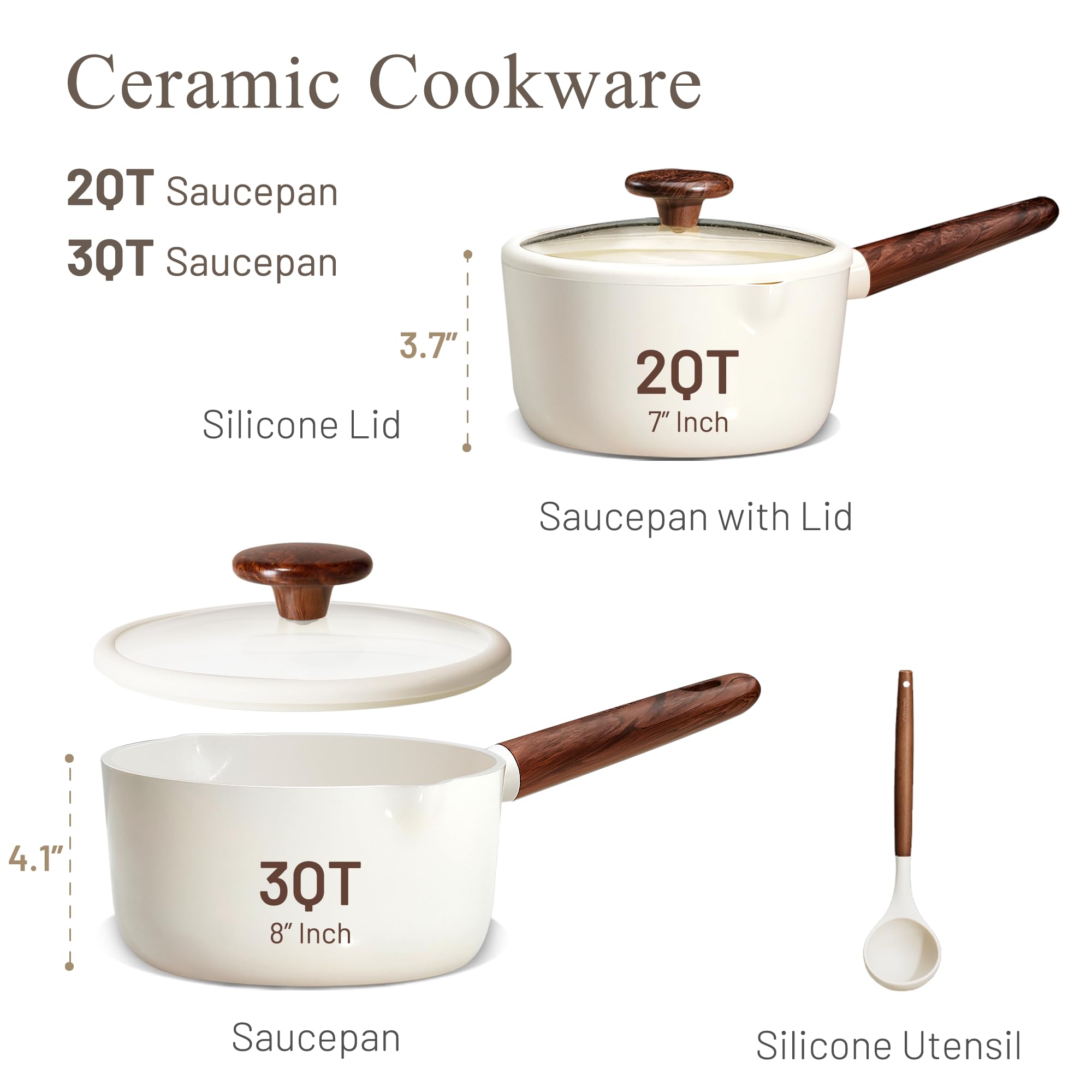 CAROTE 2QT & 3QT Sauce Pan Sets with Lid & Ladle Ceramic Nonstick Pot Set Non Toxic Saucepan Small Kitchen Cooking Pots, Easy to Clean, Induction Comptable, PFAS PTFE Free, White