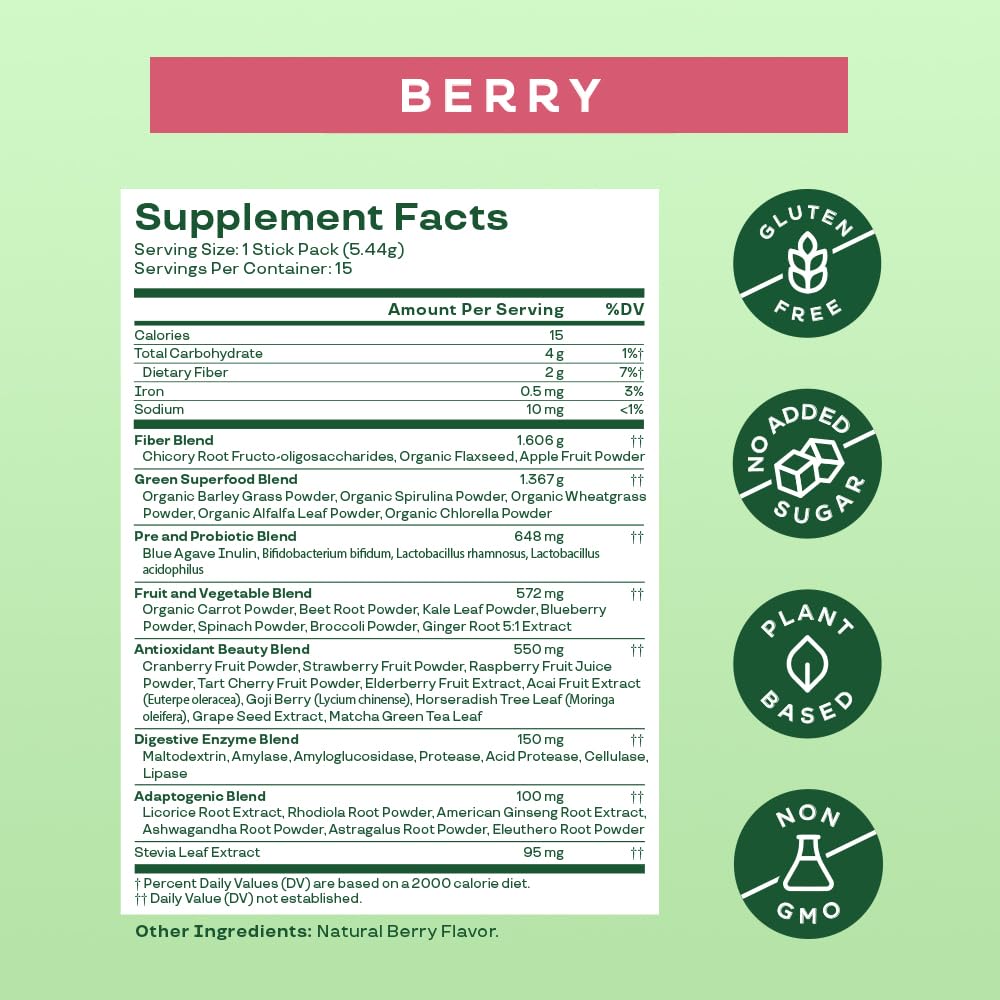 Bloom Nutrition Superfood Greens Powder Stick Packs, Digestive Enzymes with Probiotics and Prebiotics, Gut Health, Bloating Relief for Women, Chlorella, Green Juice Mix, 15 SVG, Berry