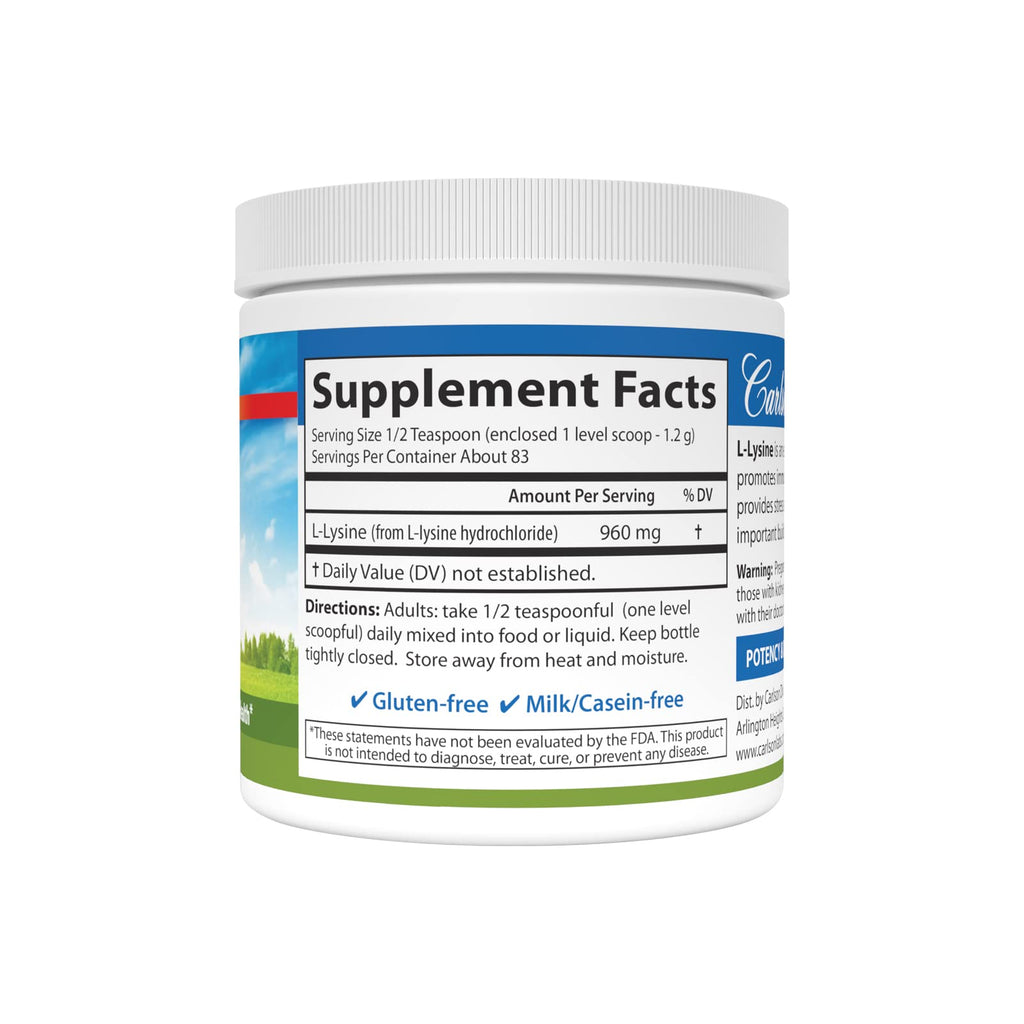 Carlson L-Lysine Powder, 960 mg, Free-Form Amino Acid, 3.53 oz (100 g)