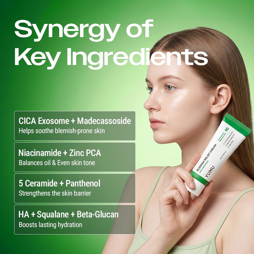 YUMU Cica Exosome Zinc Blemish Relief Cream, Face Moisturizer for Sensitive, Acne-Prone Skin, Lightweight, Breakouts, Barrier Repair, Hydration, Soothing, Oil-Free, Korean Skincare (80 ml/2.70 fl.oz.)
