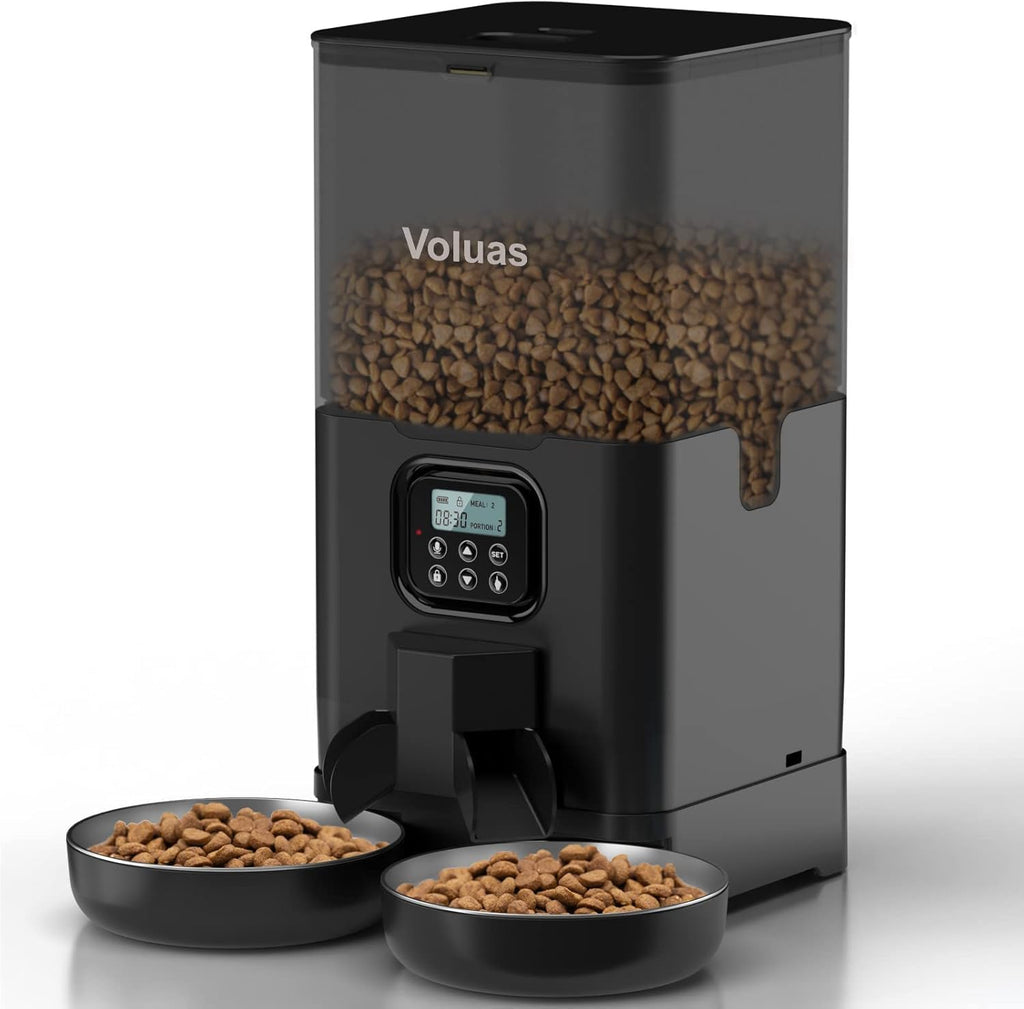 VOLUAS Automatic Cat Feeder for Two Cats with Dual Stainless Bowls, 6L