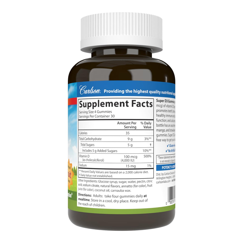 Carlson Super D3 Gummies 4,000 IU (100 mcg), 120 Vegetarian Gummies