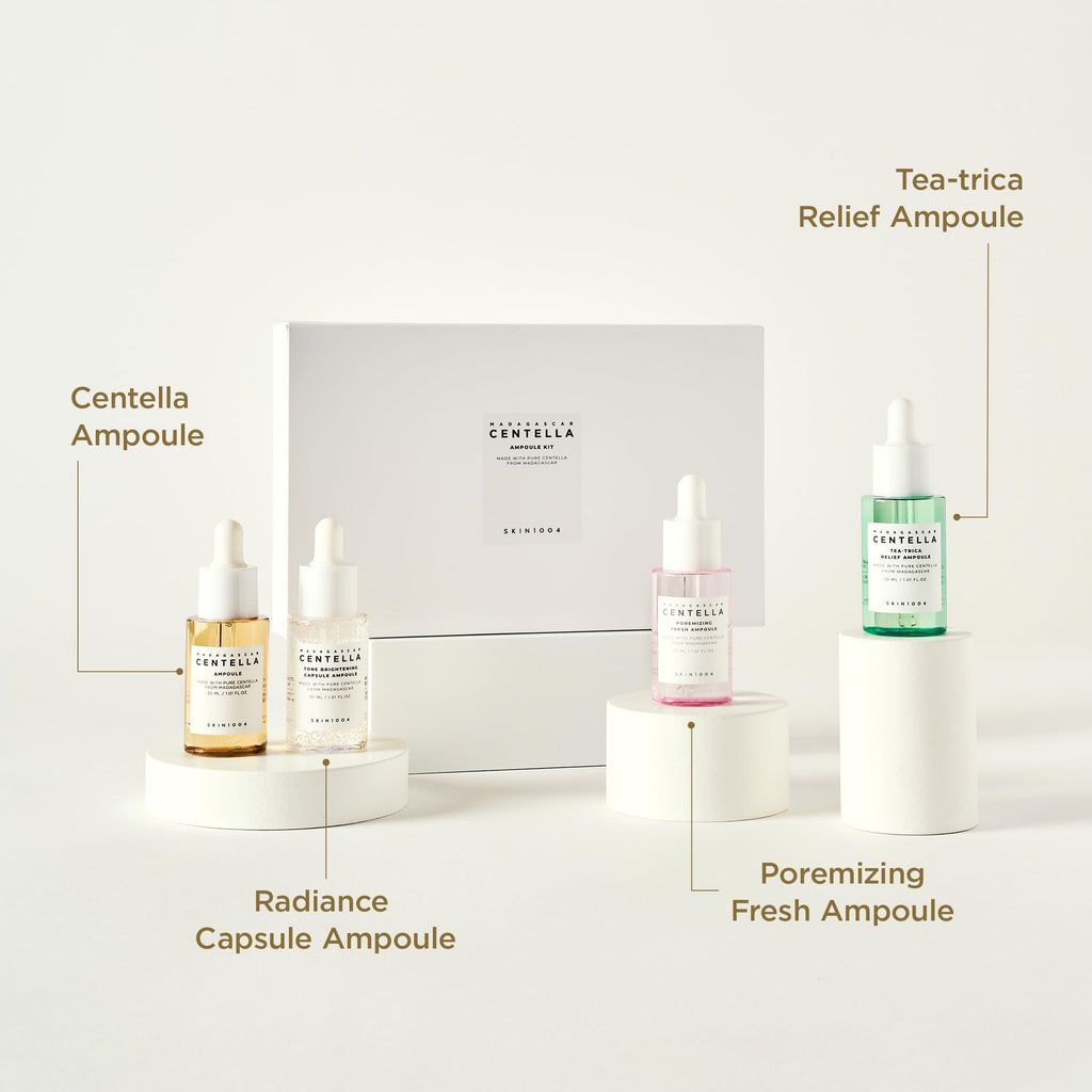 SKIN1004 Madagascar Centella Ampoule Kit, 4ea x 1.10 fl.oz, 30ml, Travel Size Face Serum Collection, Korean Skincare Set with Centella Ampoule and Hydrating Serum for Soothing Care, Korean Skin Care