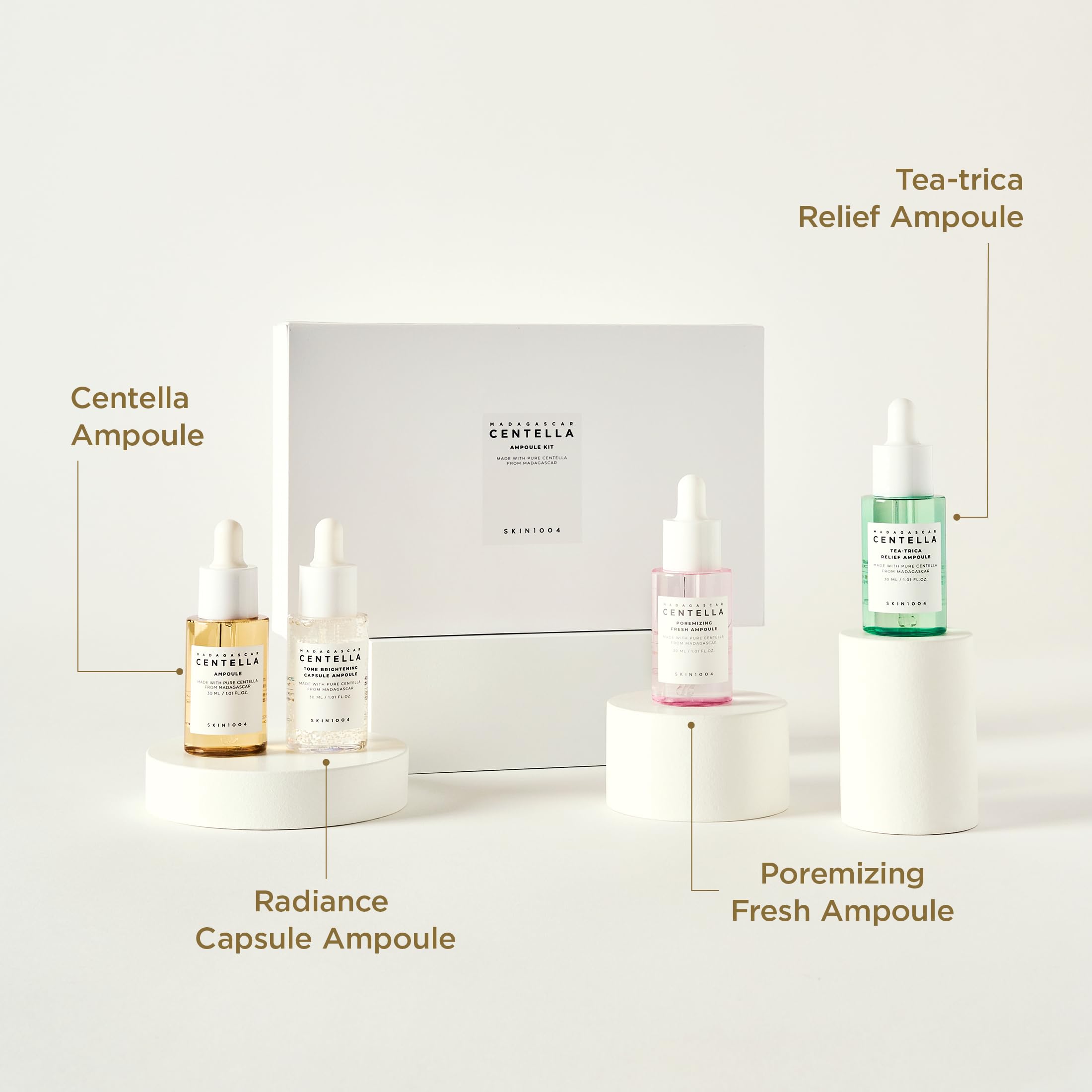 SKIN1004 Madagascar Centella Ampoule Kit, 4ea x 1.10 fl.oz, 30ml, Travel Size Face Serum Collection, Korean Skincare Set with Centella Ampoule and Hydrating Serum for Soothing Care, Korean Skin Care