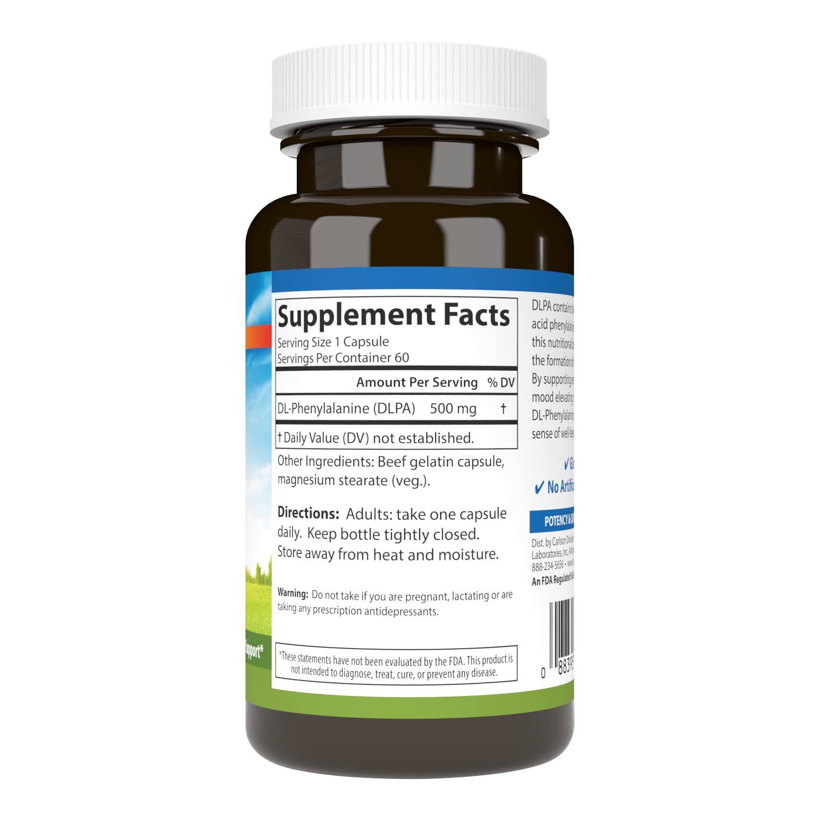 Carlson DLPA DL-Phenylalanine, 500 mg, Nerve Health, 60 Capsules