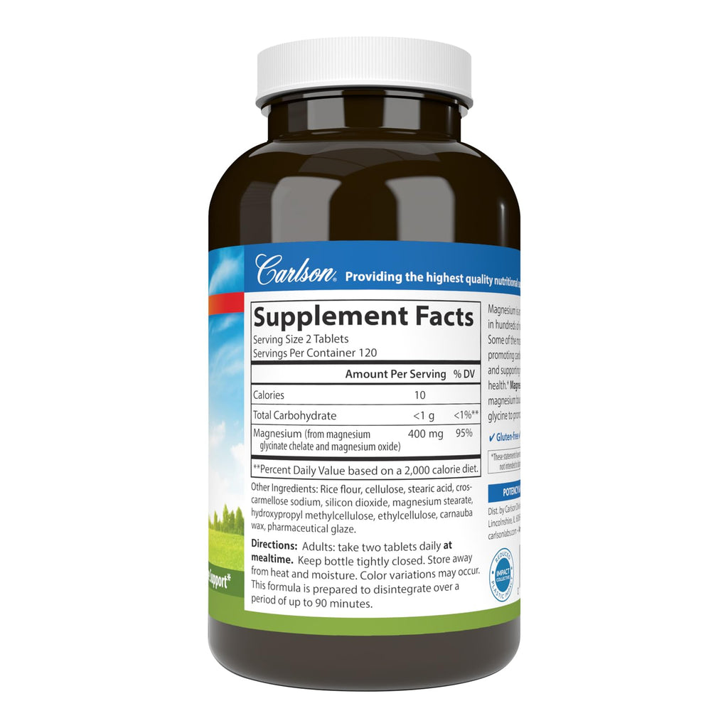Carlson Chelated Magnesium Glycinate, 400 mg, Muscle Function, 240 Tablets