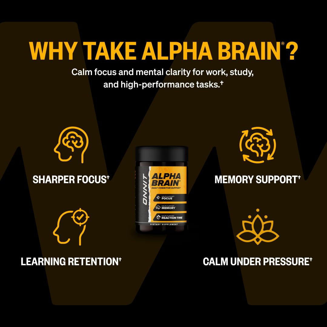 ONNIT Alpha Brain Nootropic Brain Supplement for Focus, Memory, Mental Clarity, Cognitive Support with L-Theanine and Vitamin B6, 60 Count Capsules