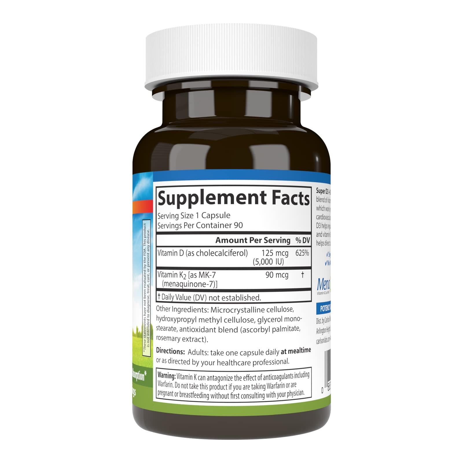Carlson Super D3 + K2, 125 mcg (5000 IU), 90 Vegetarian Capsules