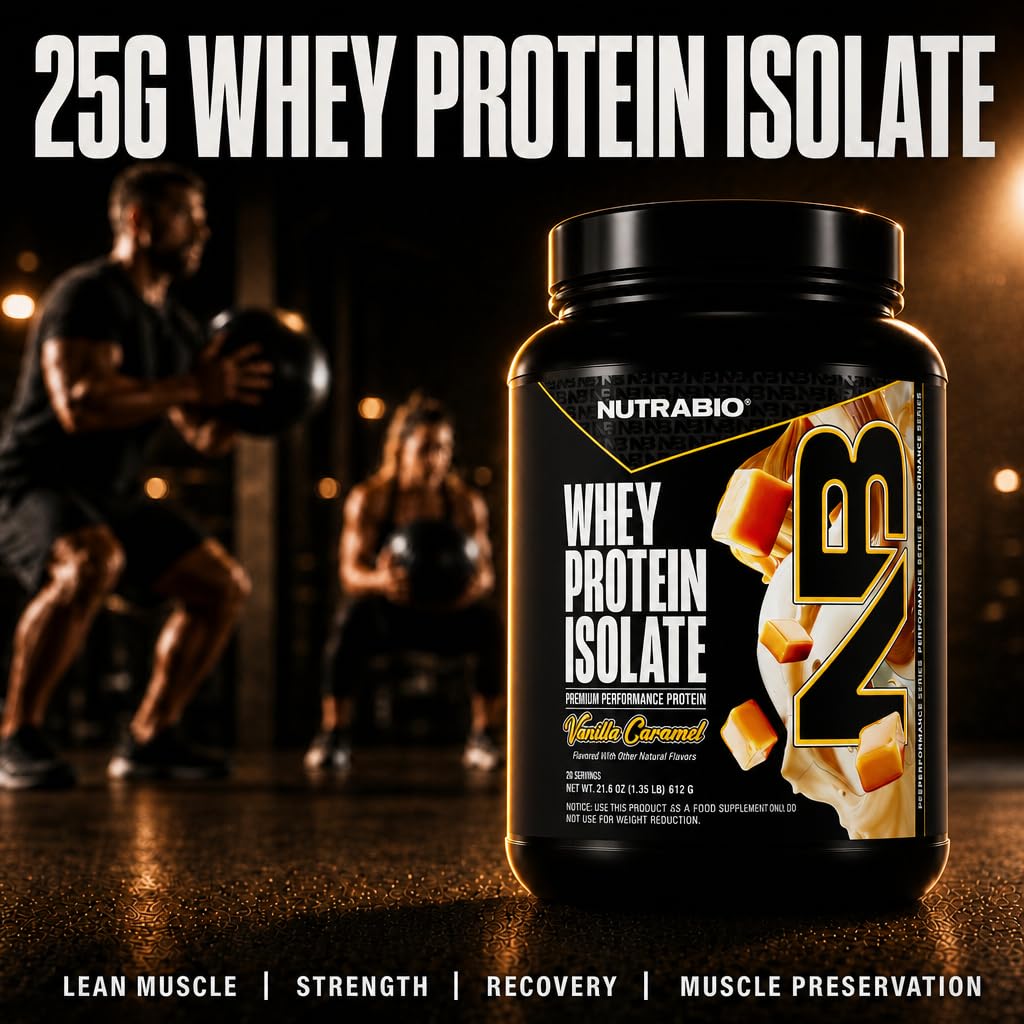 NutraBio 100% Whey Protein Isolate Protein Powder, 25g Protein with Complete Amino Acid Profile, Non-GMO, Soy & Gluten Free, Low Carb, Low Calorie Whey Protein Powder, Vanilla Caramel, 20 Servings