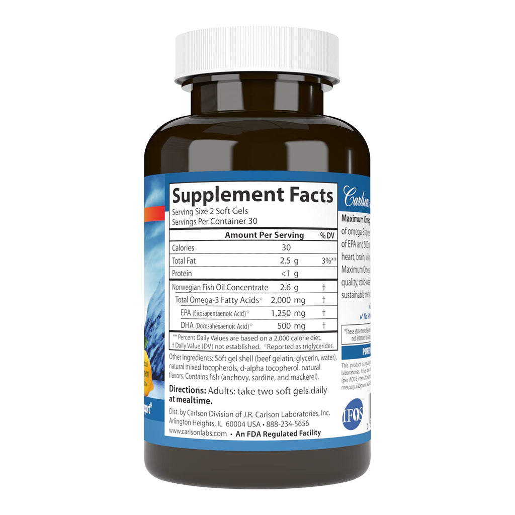 Carlson - Maximum Omega 2000, 2000 mg Omega-3 Fatty Acids Including EPA and DHA, Wild-Caught, Norwegian Fish Oil Supplement, Sustainably Sourced Fish Oil Capsules, Lemon, 60 Softgels